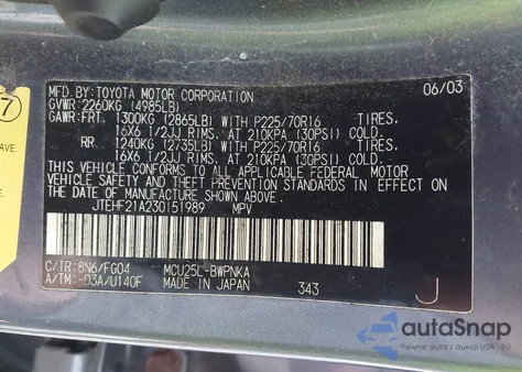 2003 Toyota Highlander V6 from USA, damaged, VIN JTEHF21A230151989